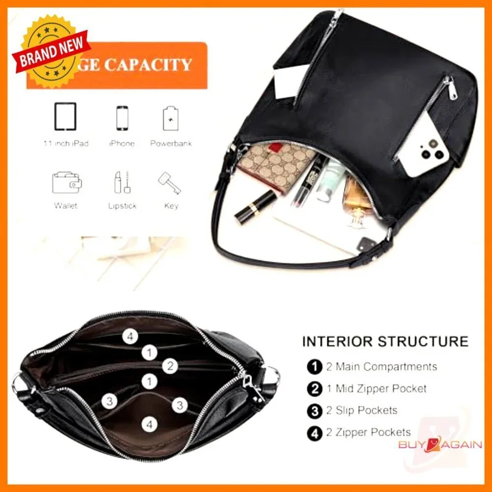 Genuine Leather Hobo Shoulder Crossbody Bag with Multiple Pockets